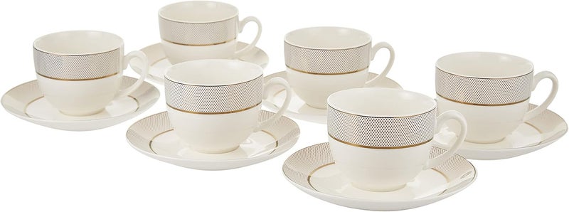 Shallow Bone China 6 cup & 6 saucers- 12pcs set, White/Gold, 220cc - Image 2
